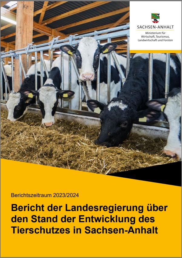 Titelblatt des aktuellen Tierschutzberichtes, zu sehen sind mehrere Kühe in einem Laufstall beim fressen