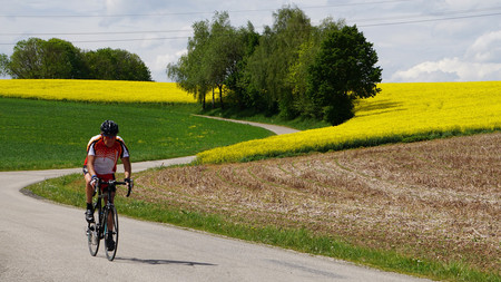 Radfahrer auf einem ländlichen Weg, im Hintergrund sind Bäume, Wiesen und blühende Rapsfelder zu sehen
