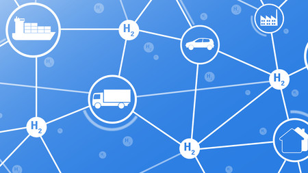 Visualisierung der Bedeutung von Wasserstoff innerhalb eines Netzdiagramms, wobei vom Symbol H2 Linien zu Piktogrammen von Autos und Schiffen führen