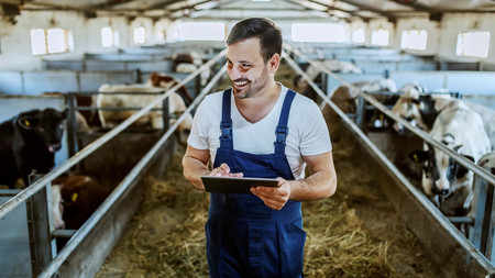 Junger Landwirt steht mit Stift und Klemmbrett in einem Kuhstall