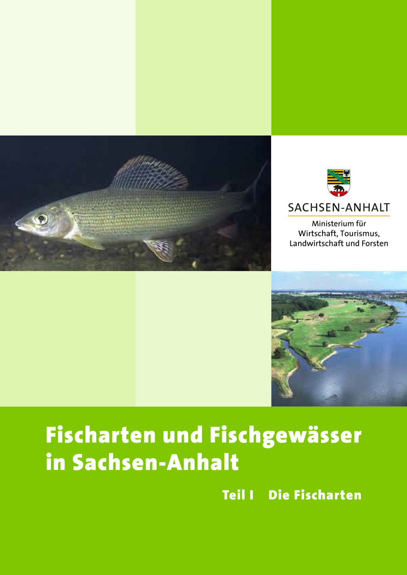 Titelseite des ersten Teils des Fischartenatlas Sachsen-Anhalt. Ein Klick auf das Bild startet den Download bzw. die Vorlesefunktion