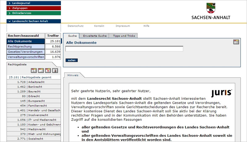 Screenshot des Portals www.landesrecht.sachsen-anhalt.de