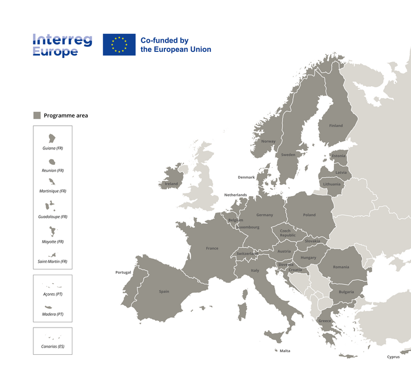 Karten von Europa, in der die Länder hervorgehoben sind, aus denen Projekte für eine Förderung aus Interreg Europe in Frage kommen.